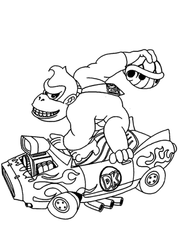 Donkey Kong Drives A Car Coloring Page